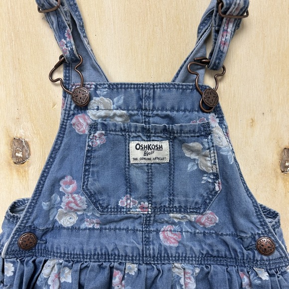 OshKosh B'gosh Overall Dress Girls 3T Denim Floral Adjustable Straps Pockets - Picture 2 of 8